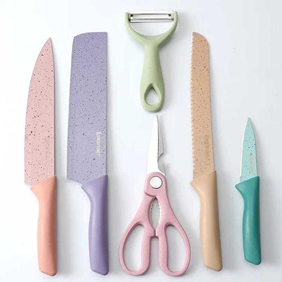 Imagem de Kit de Conjunto Facas Coloridas Tesoura Descascador Cozinha Gourmet 6 Peças