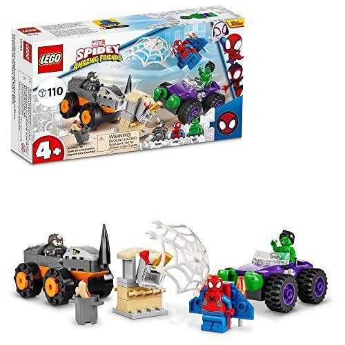 Imagem de Kit de Construção LEGO Marvel, Spidey e Seus Amigos, Hulk vs. Rhino Truck, vem com 2 veículos do Homem-Aranha (110 peças)