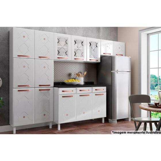 Imagem de Kit de Cozinha Completa 3 Peças Mirage New 4 Peças (2 Armários c/3 Portas Vidro + 1 Balcão + 1 Paneleiro) Branco - Telasul