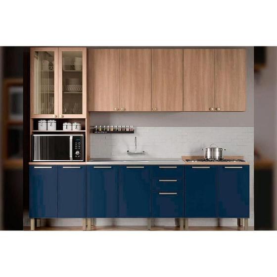 Imagem de Kit de Cozinha Completa 5 Peças Thela Sálvia (2Aéreos+2 Balcões+1Paneleiro) CZC30 Freijo/Azul - Telasul