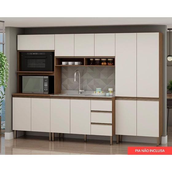 Imagem de Kit de Cozinha Completa 7 Peças Azaléia 4 Peças (2 Armários + 1 Balcão + 1 Paneleiro) c/ 2 Nichos Ebano/Off White - Genialflex