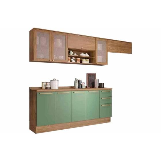 Imagem de Kit de Cozinha Completa 7 Peças Botanic (3Aéreos+2Balcões+2Complemento) M656 Nogueira/Verde Oliva - Kappesberg
