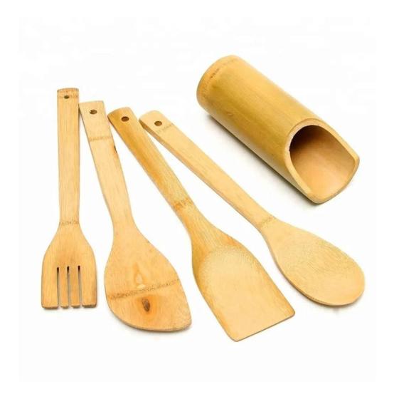 Imagem de Kit De Cozinha Culinário Colher De Bambu (pau) E Suporte