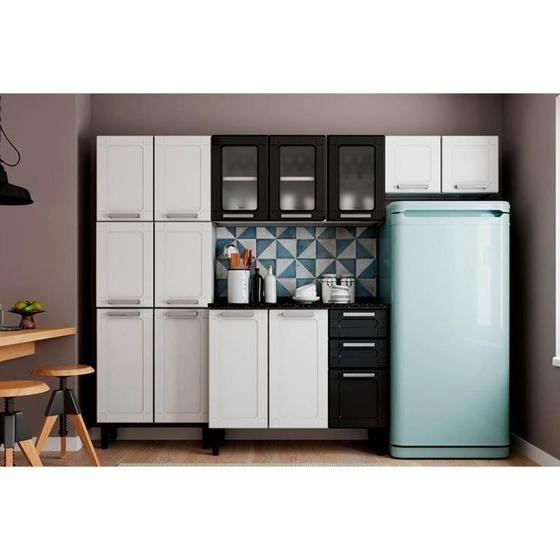 Imagem de Kit de Cozinha Modulada 4 Peças Múltipla  (2 Armários + 1 Balcão + 1 Paneleiro) C4P77 Branco/Preto - Bertolini