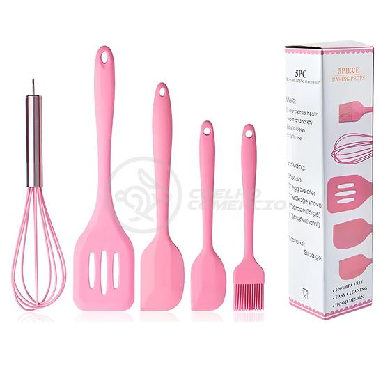 Imagem de Kit de Cozinha Rosa 5 Utensílios de Silicone com Peças Batedor Manual Espátulas Pincel