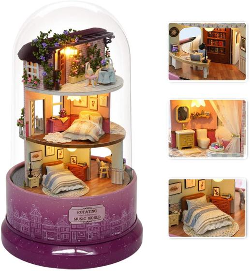 Imagem de KIT DE Dollhouse em Miniatura DIY com Móveis, Spin Rotate Music Box, LED Wooden Mini House Set, Melhor Presente Aniversário Dia de Casamento dos Namorados para Crianças Meninas Amantes (MEEY NA ESQUINA)