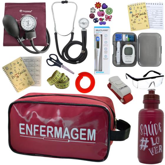 Imagem de Kit de Enfermagem Aparelho de  Pressao Estetoscopio Necessaire Medidor Glicose Multi Estagio Incoterm