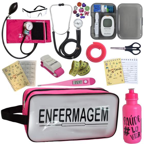 Imagem de Kit de Enfermagem Aparelho de  Pressao Estetoscopio Necessaire Transparente Medidor Glicose Multi Estagio PAMED