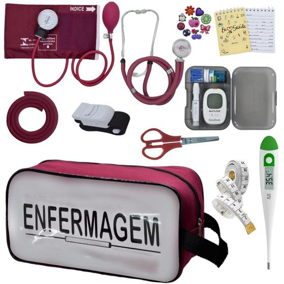 Imagem de Kit de Enfermagem Aparelho de  Pressao Estetoscopio Necessaire Transparente Medidor Glicose Multi Estagio Premium