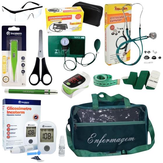 Imagem de Kit de enfermagem com esfigmo esteto medidor de glicose oxímetro e bolsa transparente