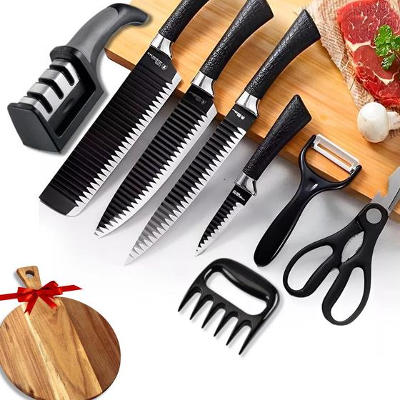 Kit de Facas Cozinha Churrasco Gourmet em Inox com 8 Peças e uma Linda Tábua de Carnes Menor preço em Kit de Facas Cozinha Churrasco Gourmet em Inox com 8 Peças e uma Linda Tábua de Carnes