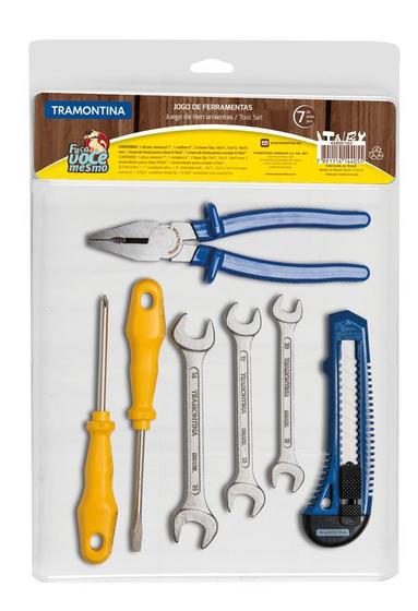 Imagem de Kit de ferramentas com alicate estilete chaves de fenda e chaves fixas 7 pecas tramontina