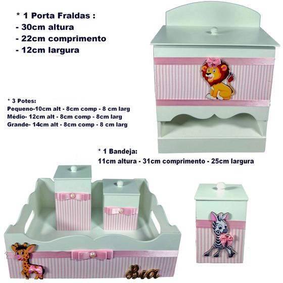 Imagem de Kit de Higiene de bebê madeira Mdf Meninas 5 pçs - SAFARI MENINA ROSA LISTRADO