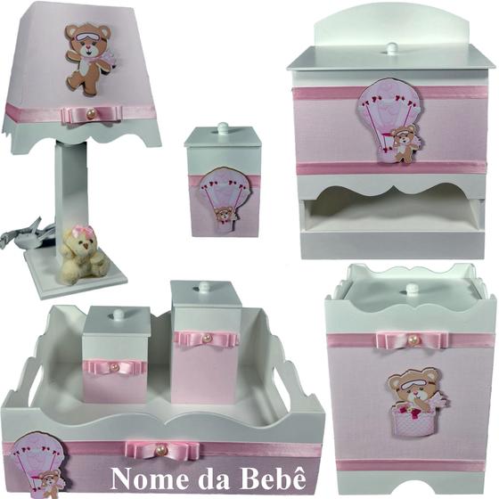 Imagem de Kit de Higiene de bebê Mdf quarto menina 7 pçs - URSINHA BALAO BRANCO E ROSA BB