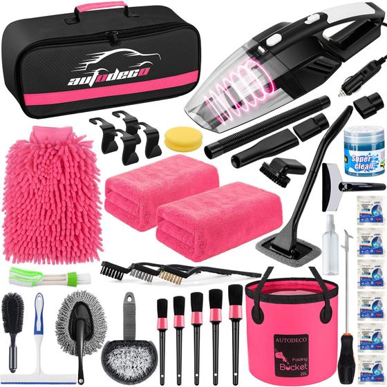 Imagem de Kit de lavagem para limpeza de carros AUTODECO 41 unidades com aspirador rosa