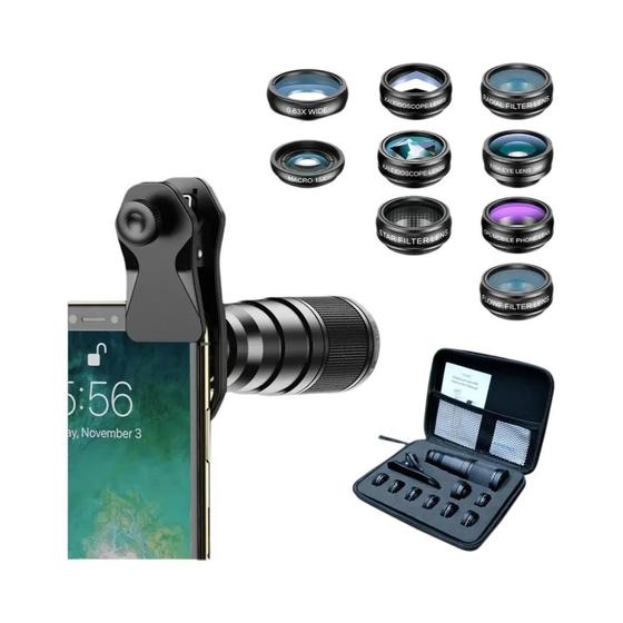 Imagem de Kit de Lentes 10 em 1 para Celular - Teleobjetiva 22x, Macro, Grande Angular e Olho de Peixe