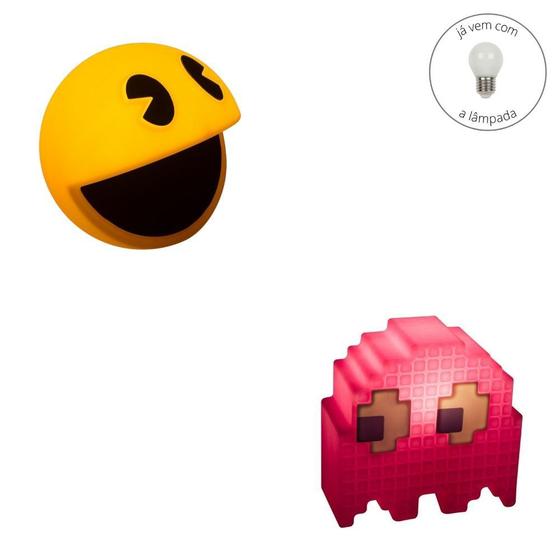 Imagem de Kit de Luminárias Usare Pac Man + 1 Fantasma Fantasminha com Lâmpadas LED Game Retrô Nerd Geek