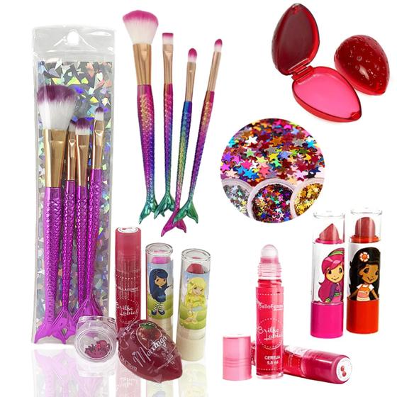 Imagem de Kit de Maquiagem Infantil Completo Pincel Sereia Batom Rosinha Gloss Glitter Menina Criança Presente