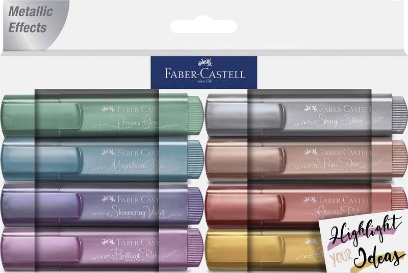 Imagem de Kit de Marcadores Metálicos Faber-Castell - 8 cores com brilho discreto para realçar cadernos e notas.