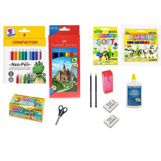 Imagem de Kit de Material Escolar Infantil Completo Original e Garantia Grandes Marcas Compactor, Acrilex, Faber Castell, Leonora e Mercur