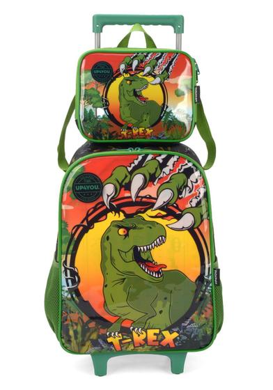 Imagem de Kit De Mochila Escolar De Rodas Com Lancheira Dinossauro.