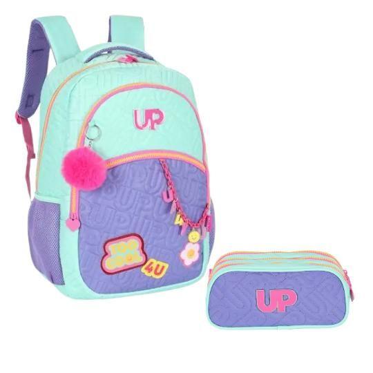 Imagem de Kit de Mochila Juvenil Notebook Com Pingentes Pompom + Estojo Triplo, Up4You, Turquesa