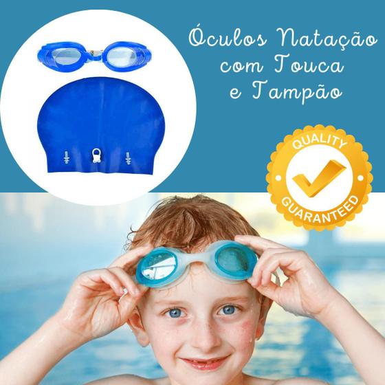Imagem de Kit De Natação Óculos Touca Protetor De Ouvido E Nariz - Azul