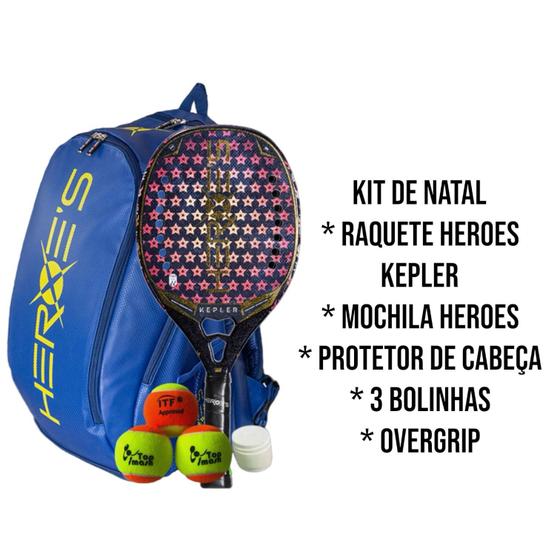 Imagem de Kit de Natal Raquete Heroes Kepler + Mochila Heroes + 3 bolinhas + Protetor de Cabeça + overgrip