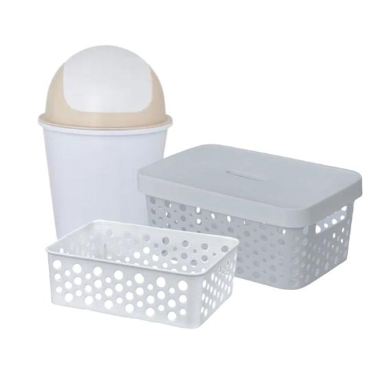 Imagem de Kit de Organização Elegante Cesto M + Caixa Organizadora 4,5L + Lixeira 3L Branco