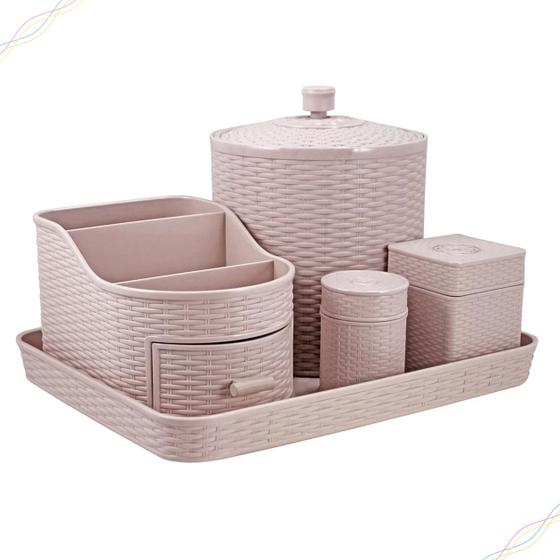 Imagem de Kit de Organizador Cotonete Algodão Lixeira Porta Maquiagem Quarto de Bebê 5 Peças Rattan