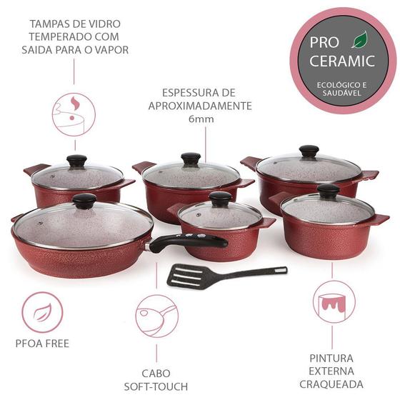 Imagem de Kit De Panelas 6 Peças Revestimento Em Cerâmica Antiaderentes   Espátula Chef Profissional Fogão E Forno Vermelho Casa Dona