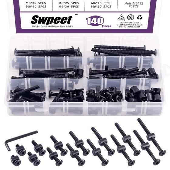 Imagem de Kit de Parafusos Swpeet com Chave Allen - 141 Peças Pretas M6 para Berço