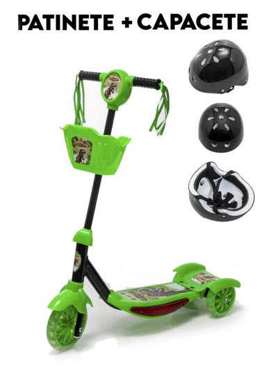 Imagem de Kit de Patinete e Capacete Dino Verde com Luz e Musica