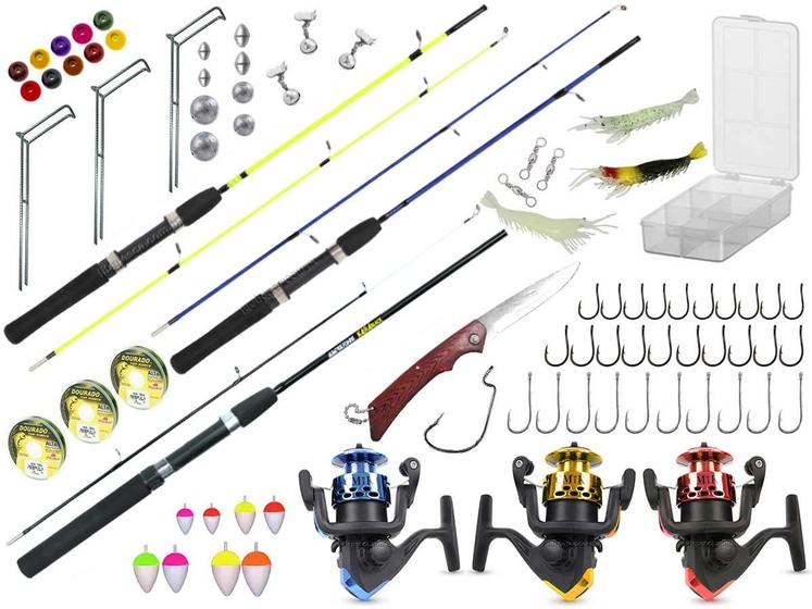 Imagem de Kit de Pesca c/ 3 Varas Para Molinete 1,20m + 3 Molinetes + Estojo C/ Acessórios (Ref. 98)