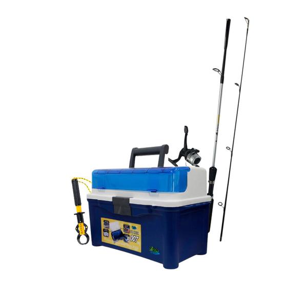 Imagem de Kit de Pesca com Vara 1.5m + Molinete 142 + Maleta Azul para Pesca com Compartimentos Ajustáveis + Alicate com Balança