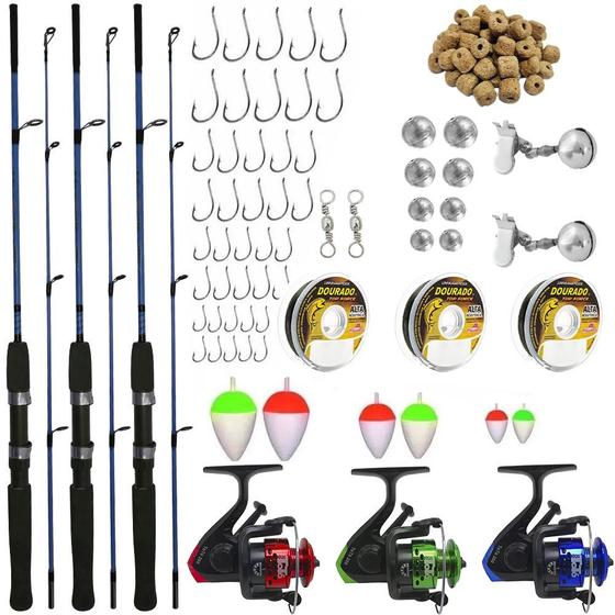 Imagem de Kit de Pesca Completo 3 Varas 1,80m 10kg, 3 Molinetes e Acessórios