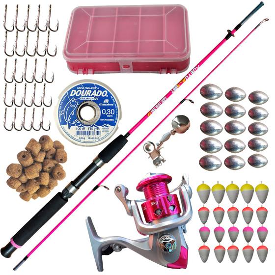 Imagem de Kit de Pescaria Rosa Vara Molinete e Acessórios de Pesca