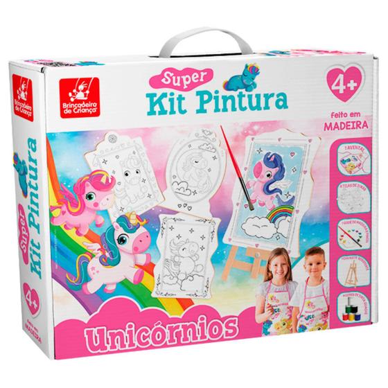 Imagem de Kit de Pintura Infantil Cavalete Avental Godê Pincel e Tinta Unicórnio