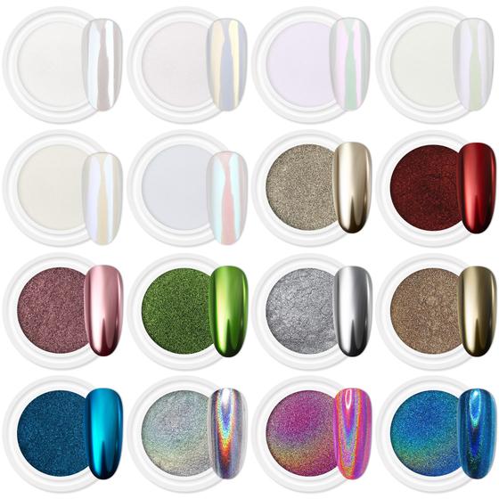 Imagem de Kit de Pó para Unhas Artdone - 16 Potes com Efeito Cromado, Pérola e Branco