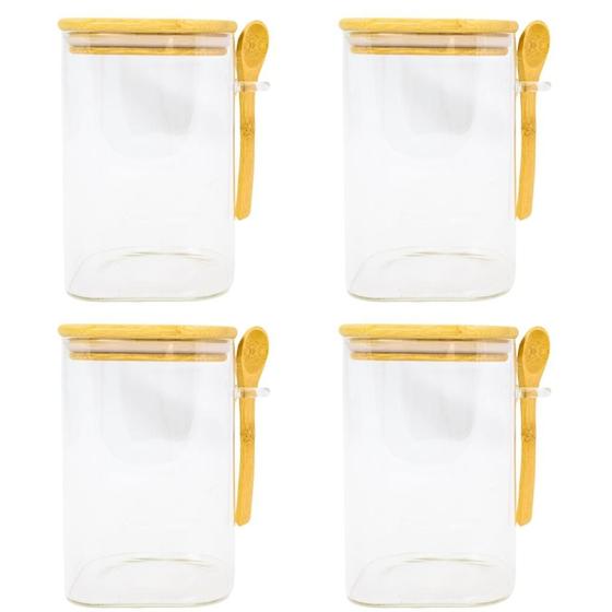 Imagem de Kit De Potes Herméticos De Vidro Com Tampa E Colher Bambu 1L - 4 Peças
