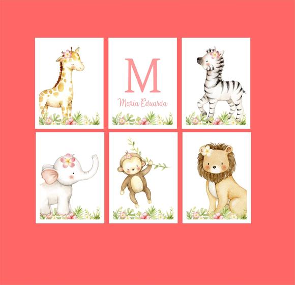 Imagem de Kit de quadros safári animais decoração de quarto infantil para menina