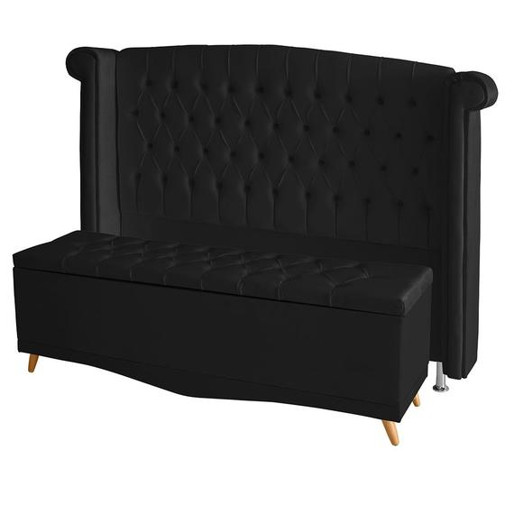 Imagem de Kit De Quarto Cabeceira De Cama Box e Calçadeira Baú Toquio Casal Queen 160 cm Suede Preto Ec Móveis