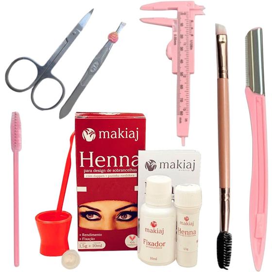 Imagem de Kit de Sobrancelha Henna Makiaj Profissional e Pincel tesoura paquimetro pinça navalha