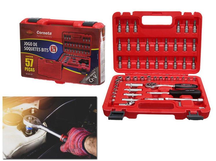 Imagem de Kit de Soquetes e Catracas Para Apertos/Desapertos ¼ 57 PÇS Com Maleta - CORNETA 3332157