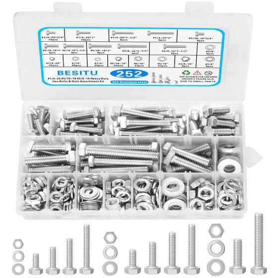 Imagem de Kit de sortimento de parafusos e porcas hexagonais Besitu 252 unidades de aço inoxidável 304