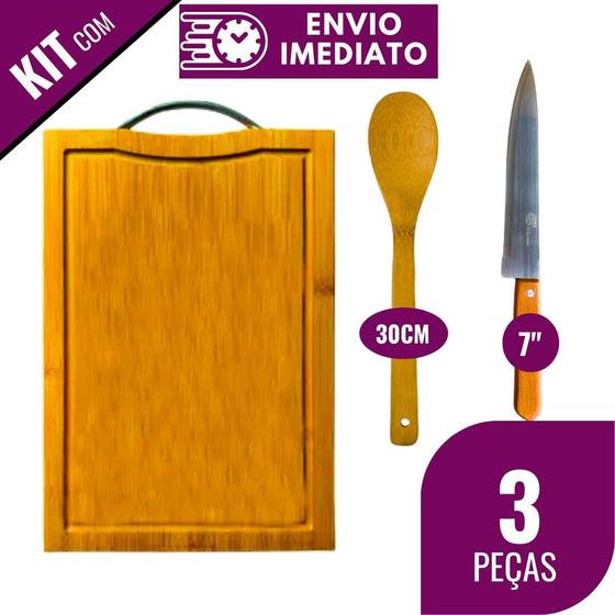Kit de Tábua de Corte com Sulco Alça Colher Bambu Faca Cabo de Madeira Cozinha Restaurante para Carne Legumes Churrasco