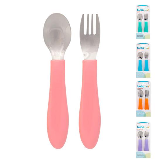 Imagem de Kit de Talheres para Bebê com Garfo e Colher Aço Inox Bubazoo Introdução Alimentar com Descanso Higiênico Buba