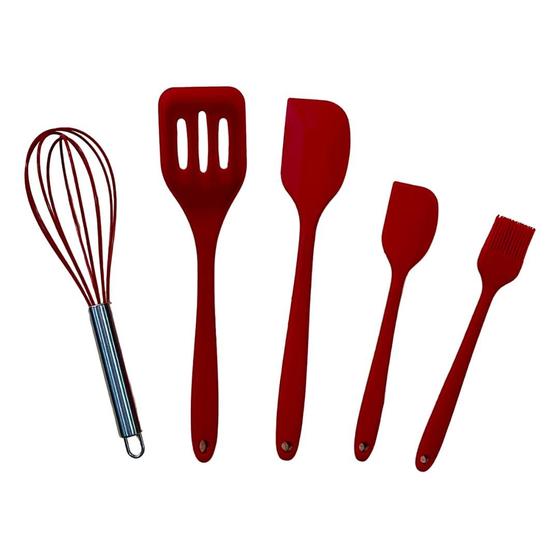 Imagem de Kit de Talheres Utensílios de Cozinha Silicone Colher Espátula Pincel Fouet 5 peças Vermelho