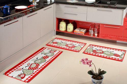 Imagem de Kit de tapete para cozinha 3 peças pelo macio toque de veludo 100% antiderrapante andino lancer (ka-23-vermelho)