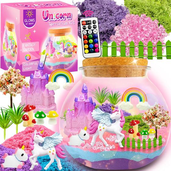 Imagem de Kit de terrário Swaitee Unicorn com luz noturna LED para meninas de 4 a 12 anos